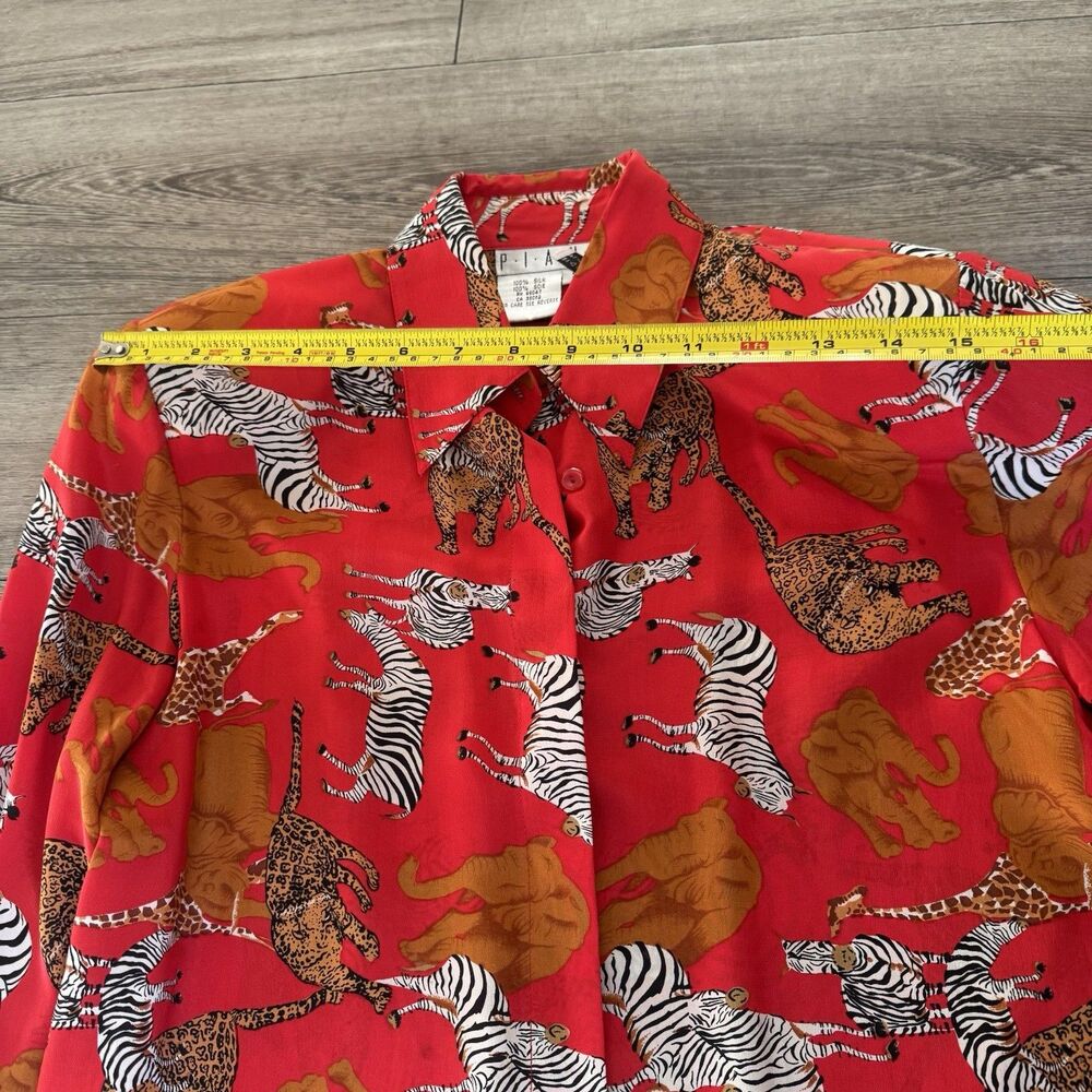 Vintage 100% Silk Piano Blouse Sz S Mob Wife Bold Red Animal Print Old Money - Picture 15 of 16